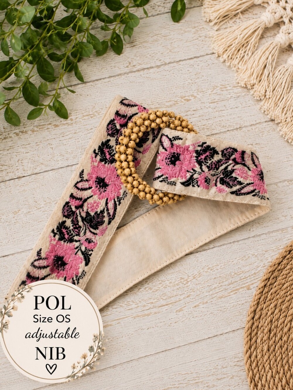 POL NIB Floral Beaded Buckle Boho Belt Pink Ivory OS